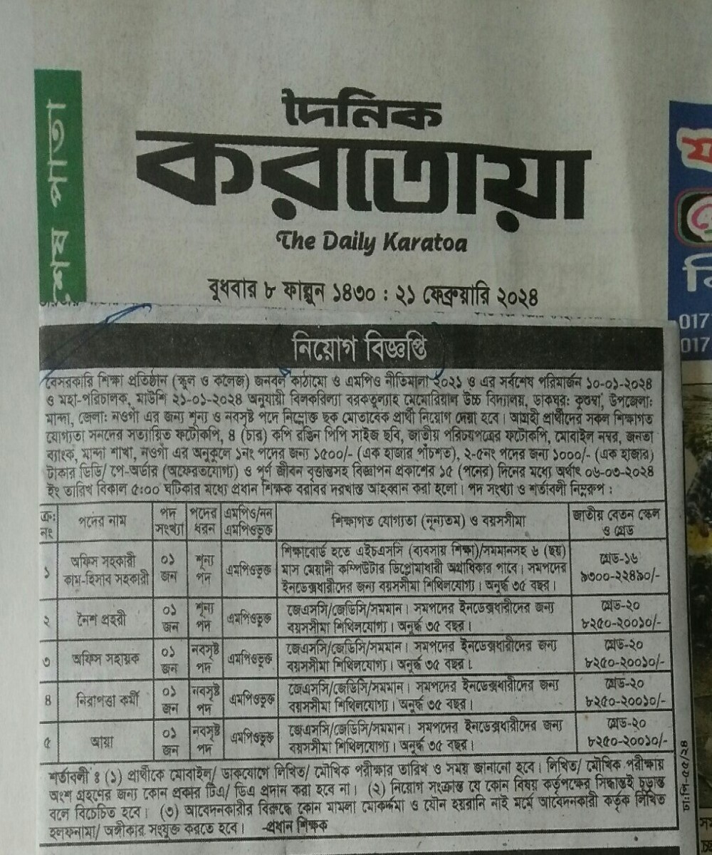 নিয়োগ বিজ্ঞপ্তি : বিলকরিল্যা বরকতুল্যা মেমোরিয়াল উচ্চ বিদ্যালয়, কুশুম্বা, মান্দা ,নওগাঁ । সূত্র: দৈনিক, “করতোয়া “  ও দৈনিক “মানবজমিন” পত্রিকা । তারিখ: ২১-০২-২০২৪ ইং ।